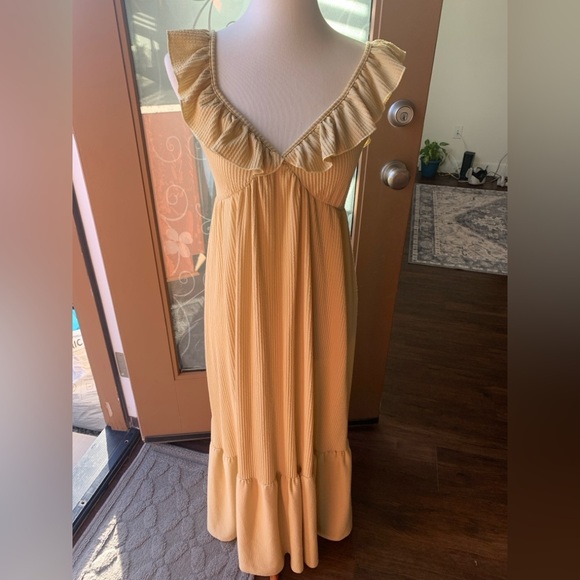 Caution To The Wind Gold Maxi Sundress with Ruffled V-neck - Picture 1 of 3